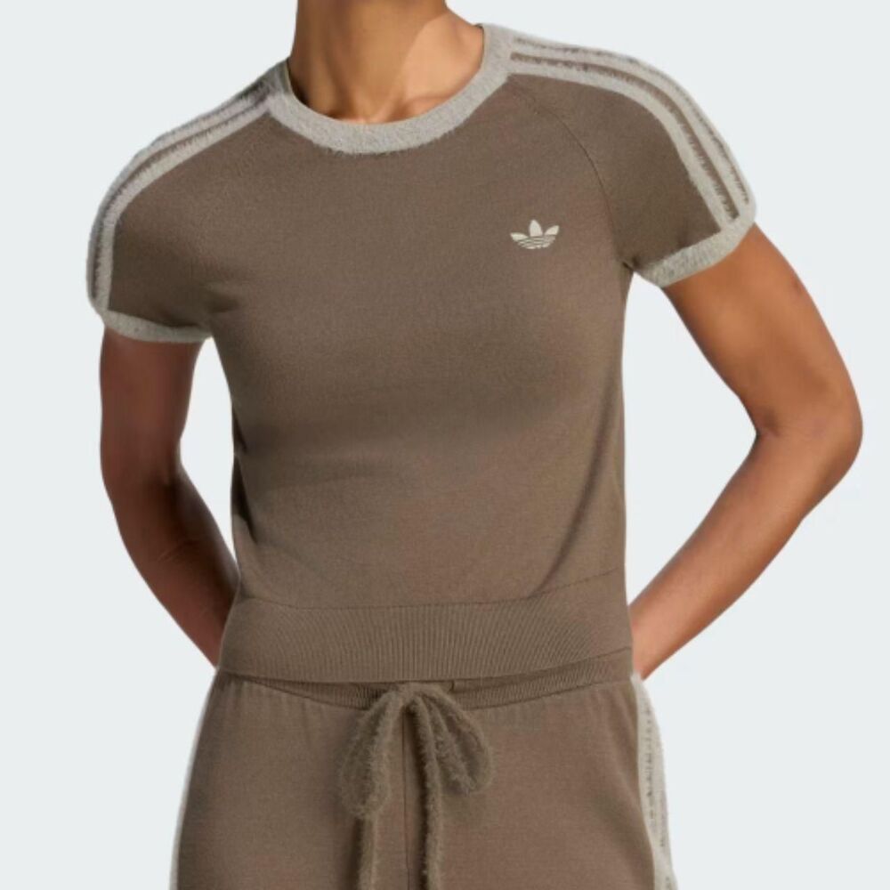 adidas Cali Knitted Tee in Beige + Greyish Taupe Stripes - New with Tags